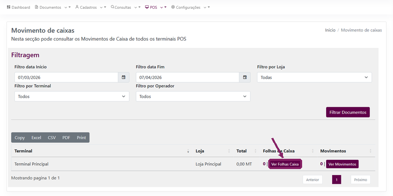 Abrir as folhas de caixa a partir da linha do terminal POS