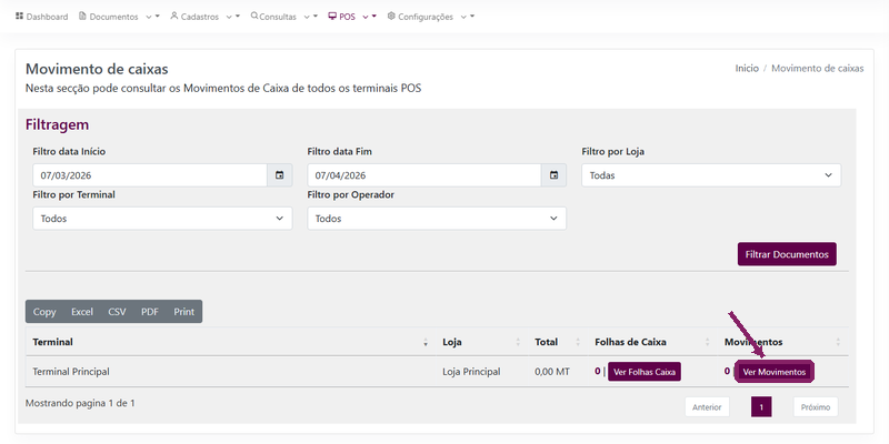Abrir a consulta Ver Movimentos do terminal POS