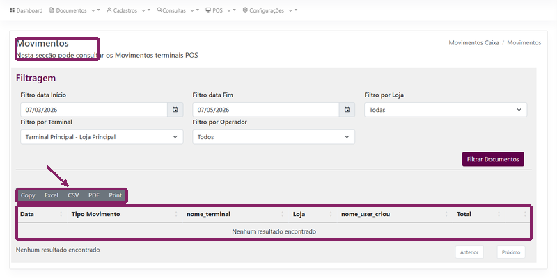 Consultar e exportar movimentos do terminal POS no ORIUN