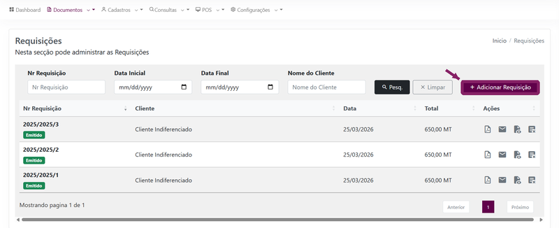 Abrir a listagem de requisições e clicar em Adicionar Requisição no ORIUN