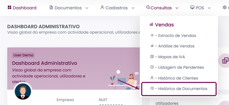 Abrir o menu Consultas e escolher Histórico de Documentos no ORIUN