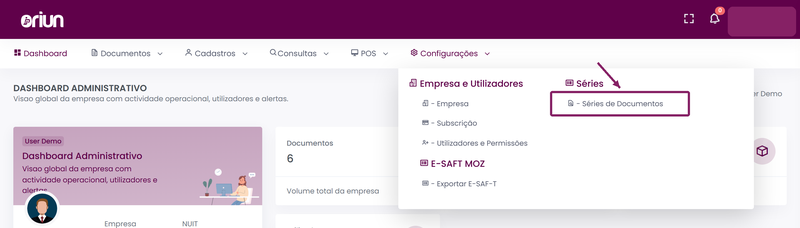 Abrir o menu Configurações e aceder a Séries de Documentos no ORIUN