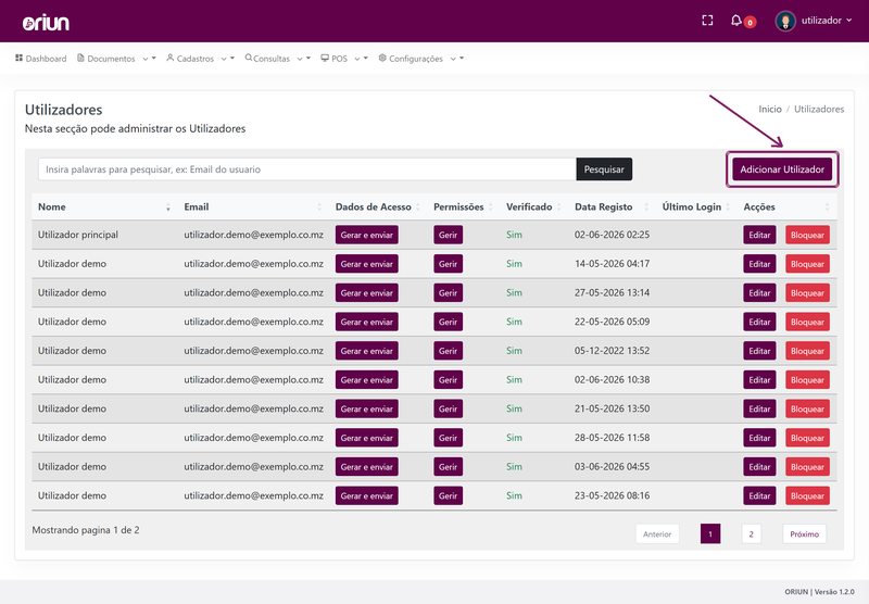 Abrir a página de utilizadores e clicar em Adicionar Utilizador no ORIUN