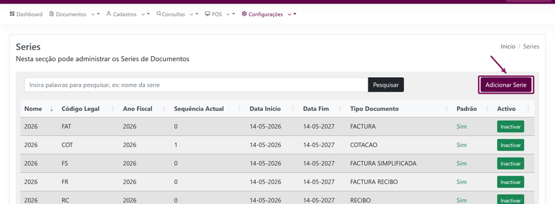 Lista de séries de documentos com o botão Adicionar Serie destacado