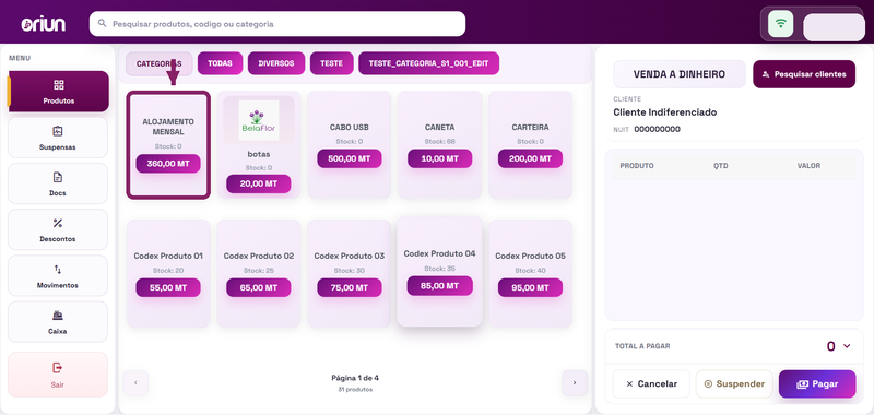 Clicar num produto para adicionar ao pedido no POS do ORIUN
