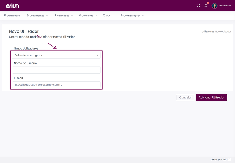 Preencher grupo, nome e e-mail do novo utilizador no ORIUN