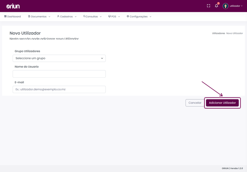 Guardar o novo utilizador no ORIUN