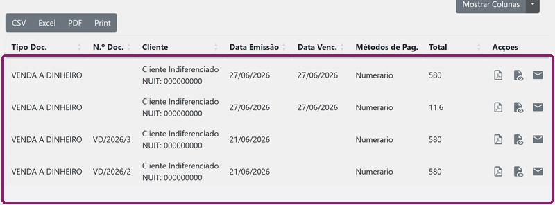Consultar os resultados filtrados na grelha de documentos emitidos