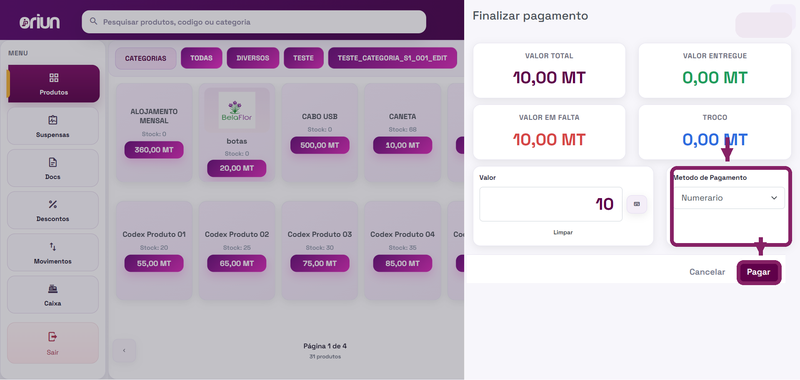 Confirmar método de pagamento e clicar em Pagar no POS do ORIUN