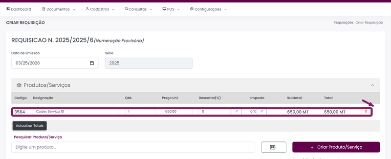 Rever a linha de produto adicionada à requisição no ORIUN