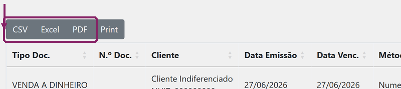 Exportar a listagem de documentos para CSV, Excel ou PDF