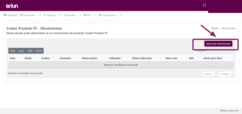 Página de movimentos de stock com botão Adicionar Movimento