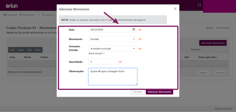 Modal Adicionar Movimento preenchido no ORIUN