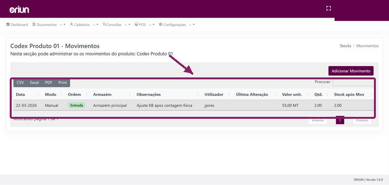 Histórico de movimentos de stock com ajuste registado