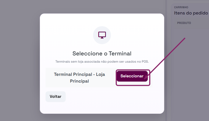 Selecionar o terminal de venda no POS do ORIUN