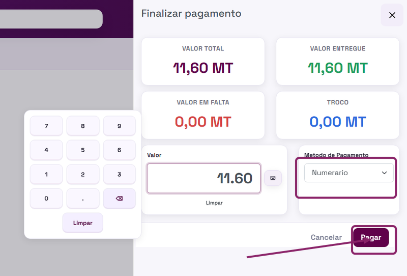 Confirmar método de pagamento e finalizar venda no POS do ORIUN