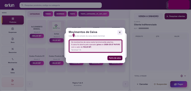 Caixa aberta no terminal POS antes de suspender uma venda