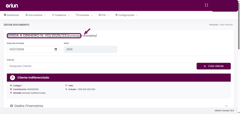 Venda suspensa reaberta no editor de documentos do ORIUN